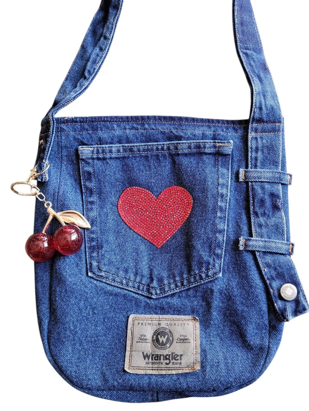 Handmade Upcycled Dark Denim Tote Bag Custom Bling Heart Cherry Charm Errands